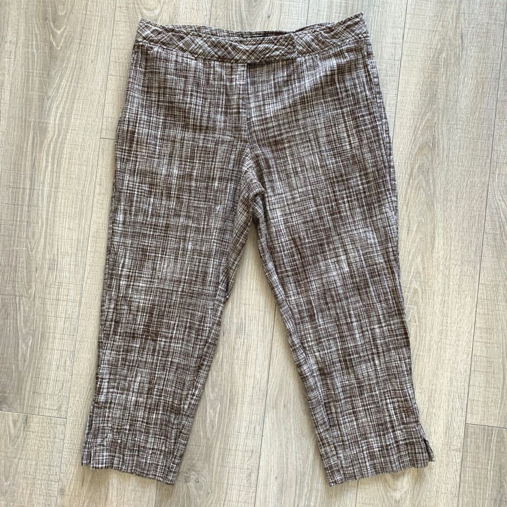 Talbots Linen Blend Tweed Brown White Plaid Cropped Pants Womens Size 16